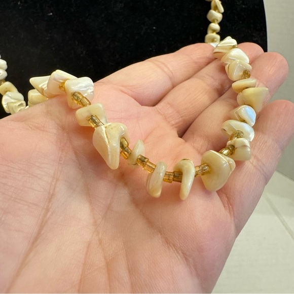 Vintage Artisan Mother of Pearl and Beaded Butterscotch Necklace Handmade - Picture 4 of 16